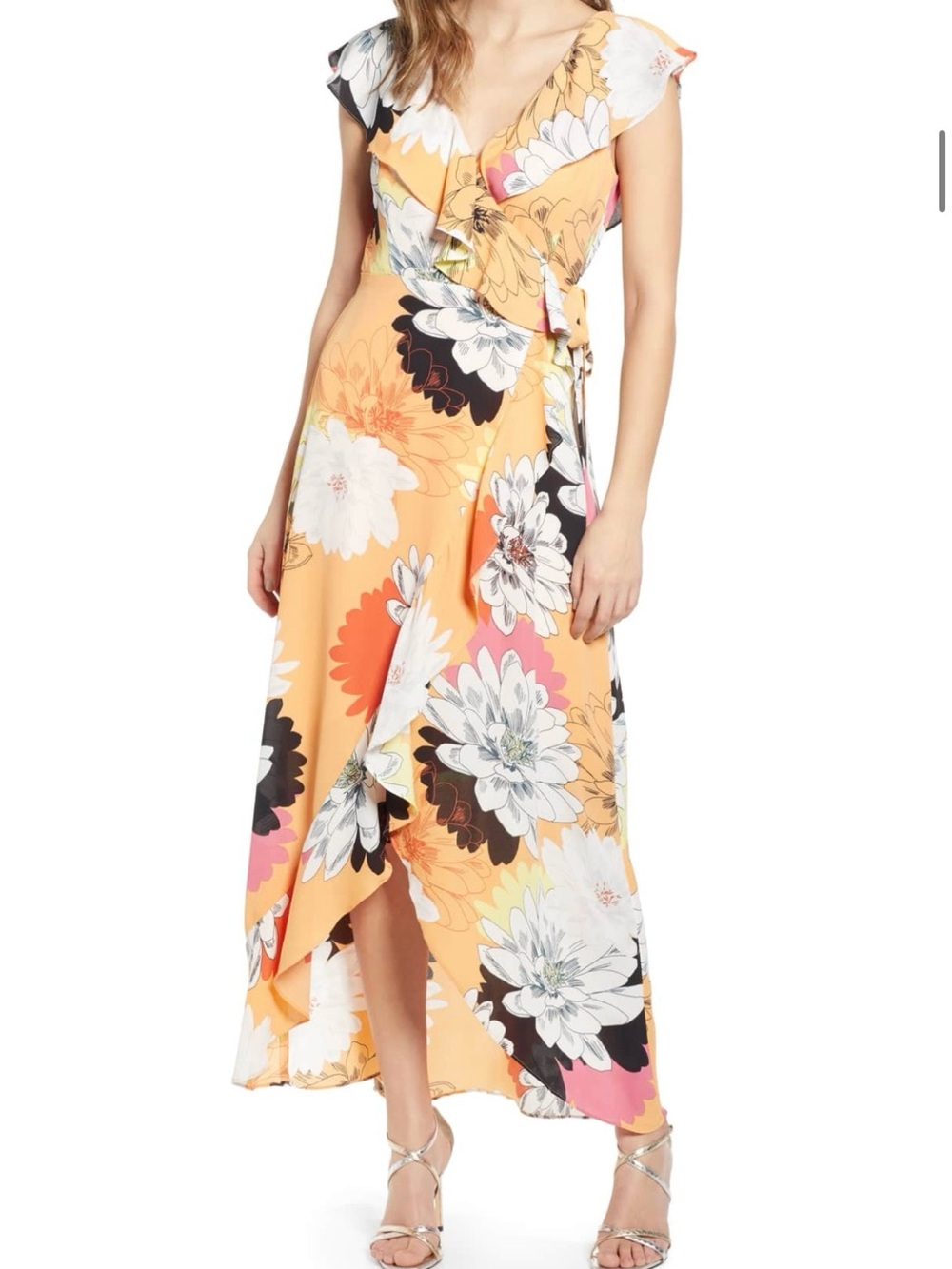 Leith Peach Floral High-Low Wrap Dress-Sz XS